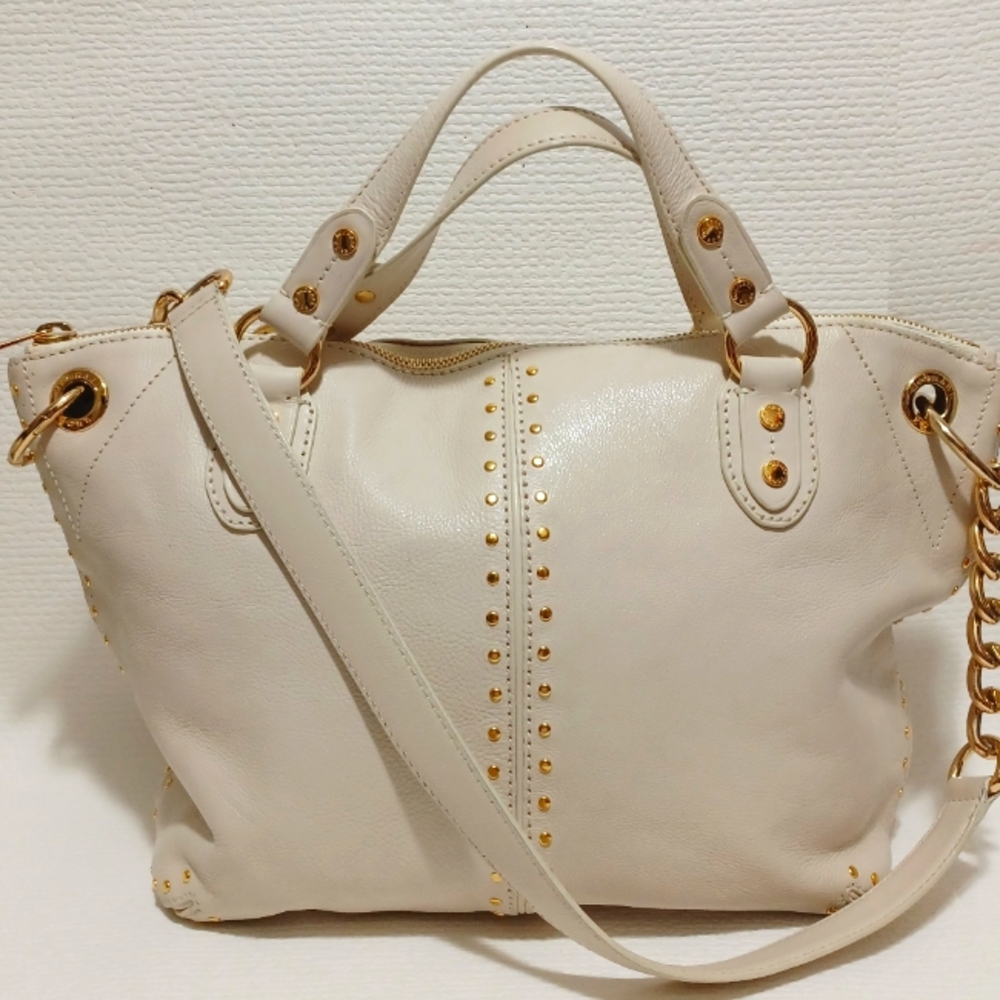Michael Kors Downtown Astor Vanilla Leather Studded Satchel Handbag with Gold